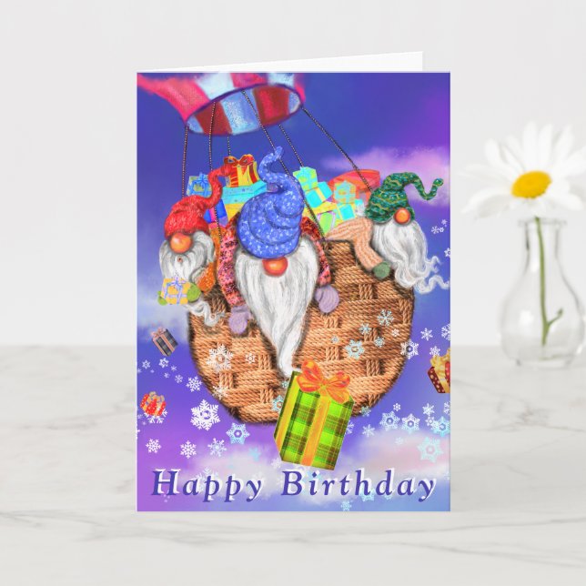 Gnomes Flying A Balloon and Gives Gifts - Birthday Card (Small Plant)