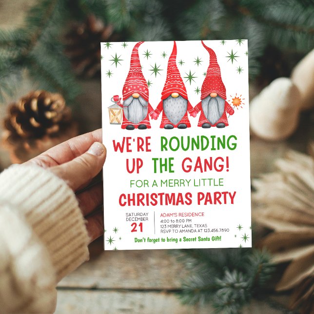 Gnomes Fun Holiday Christmas Party Invitation (We're Rounding up the Gang Gnomes Fun Holiday Christmas Party Invitation)