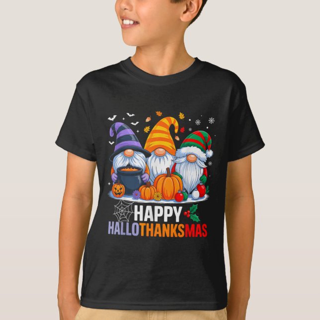 Gnomes Halloween Thanksgiving Christmas Happy Hall T-Shirt (Front)