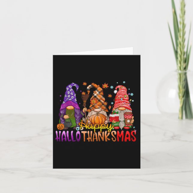 Gnomes Happy Hallothanksmas Halloween Thanksgiving Card (Front)