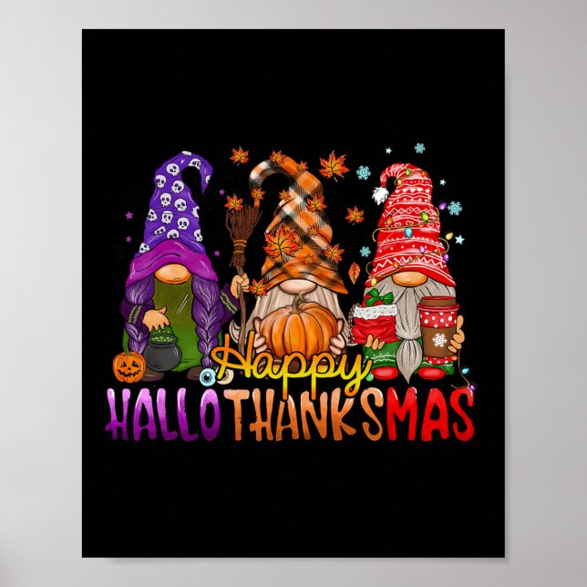 Gnomes Happy Hallothanksmas Halloween Thanksgiving Poster (Front)