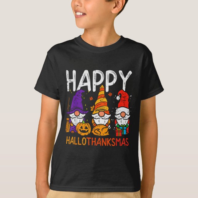Gnomes Happy Hallothanksmas Halloween Thanksgiving T-Shirt (Front)