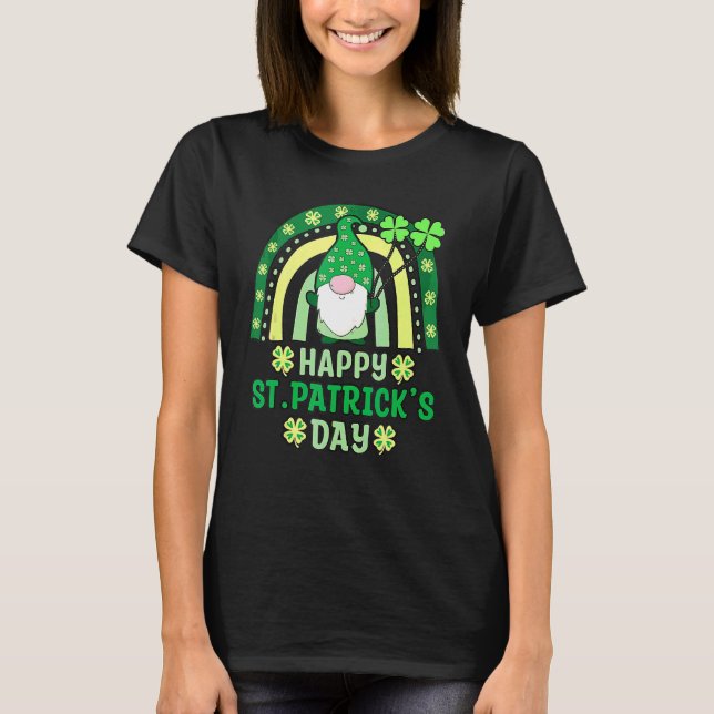 Gnomes Holding Shamrock Leopard Rainbow St Patrick T-Shirt (Front)