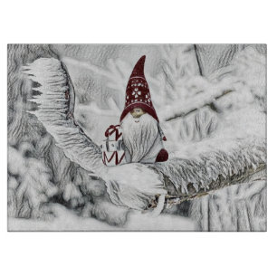 Gnomes in the snow watercolor painting cutting board