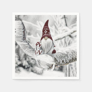 Gnomes in the snow watercolor painting  napkin