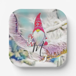 Gnomes in the snow watercolor painting paper plate