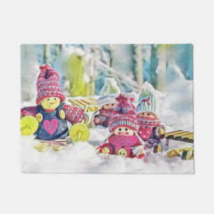 Gnomes in the snow watercolor painting vintage doormat