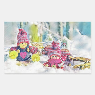 Gnomes in the snow watercolor painting vintage rectangular sticker