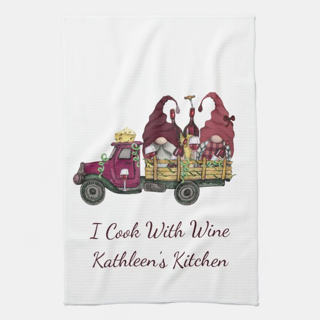 Gnomes in Wine Truck I Cook With Wine  Tea Towel (Vertical)