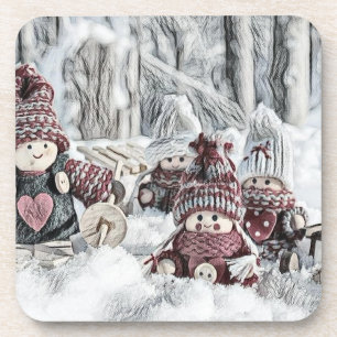 Gnomes in winter scenery drawing coaster