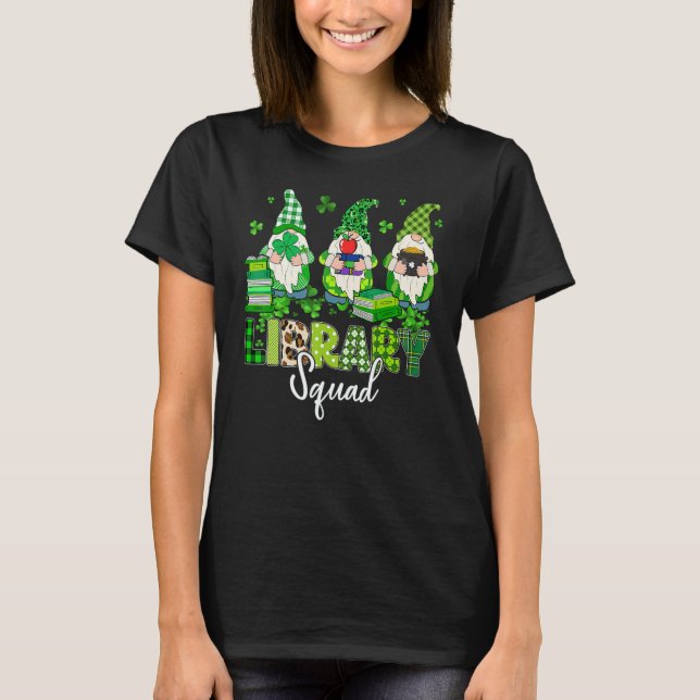 Gnomes Leopard Shamrock Library Squad St Patricks  T-Shirt (Front)