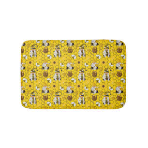 Gnomes Making Honey Yellow Floral Honey Bees Bath Mat