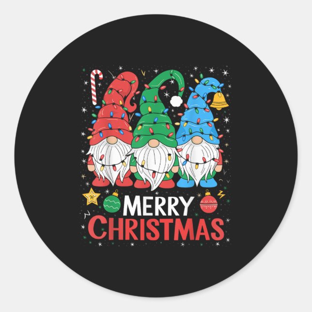 Gnomes Merry Christmas Light Family Gnome Xmas Mat Classic Round Sticker (Front)