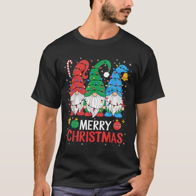 Gnomes Merry Christmas Light Family Gnome Xmas Mat T-Shirt (Front)