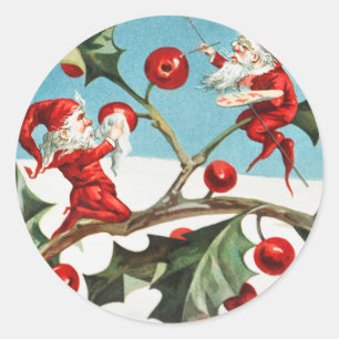 Gnomes painting holly berries in the snow classic round sticker