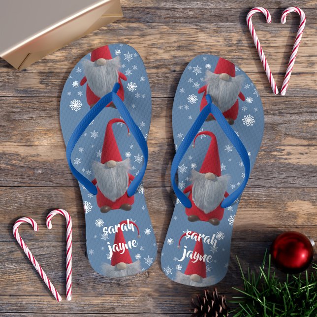 Gnomes Pattern Christmas in July Personalised Thongs (Sprinkle Some Festive Gnome Magic onto Your Summer (or Winter) with Personalized Flip Flops!)