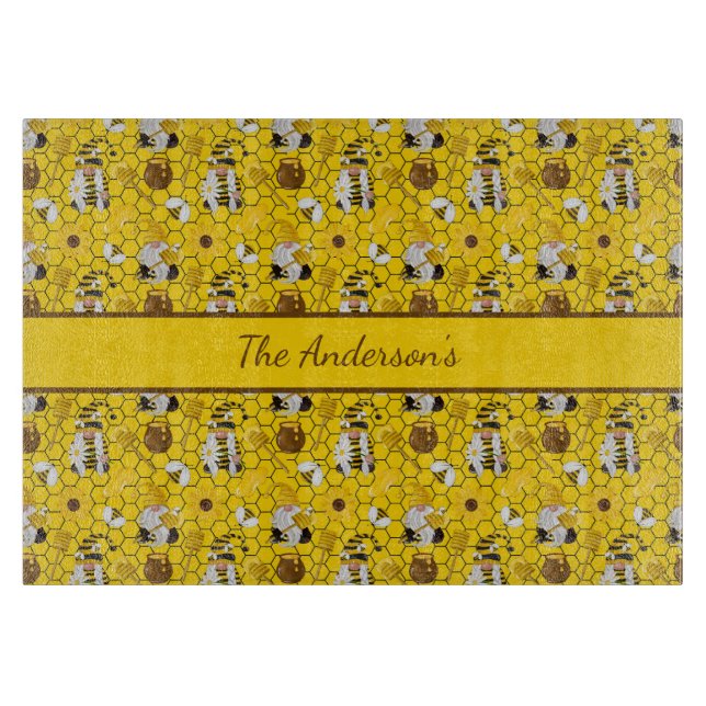 Gnomes Personalised Yellow Sunflowers Bees Honey  Cutting Board (Front)