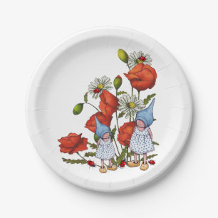 Gnomes: Poppies, Daisies, Ladybugs, Fantasy Art Paper Plate