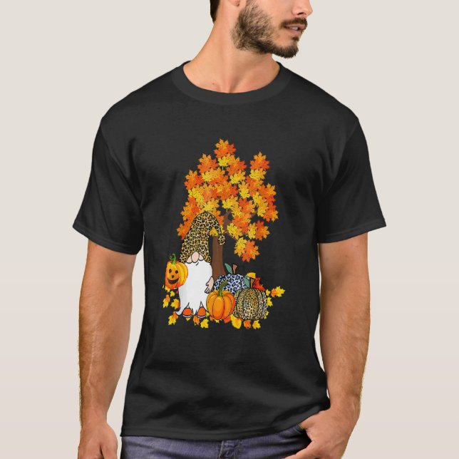 Gnomes Pumpkin Autumn Tree Fall Leaves Thanksgivin T-Shirt (Front)