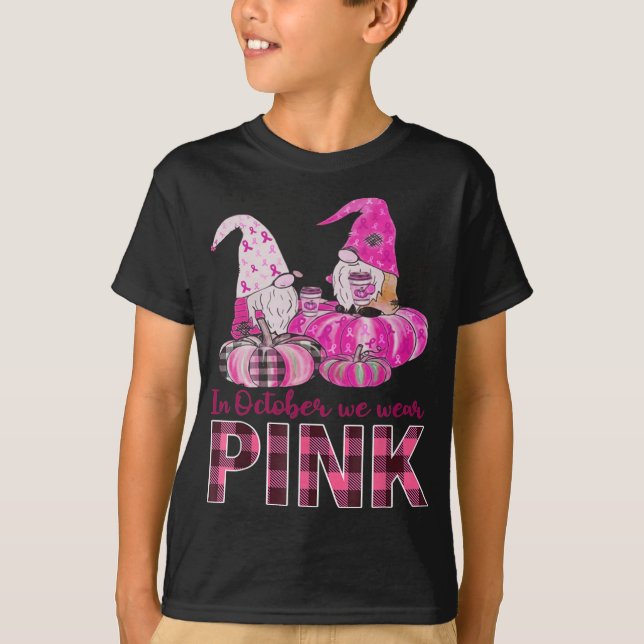 Gnomes Ribbons In October We Wear Pink Breast Canc T-Shirt (Front)