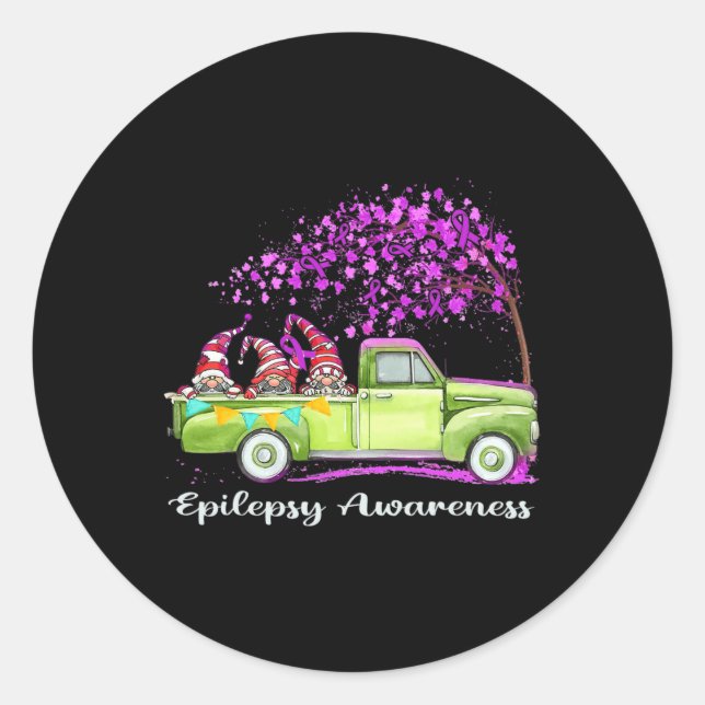 Gnomes Riding Truck Epilepsy Awareness  Classic Round Sticker (Front)