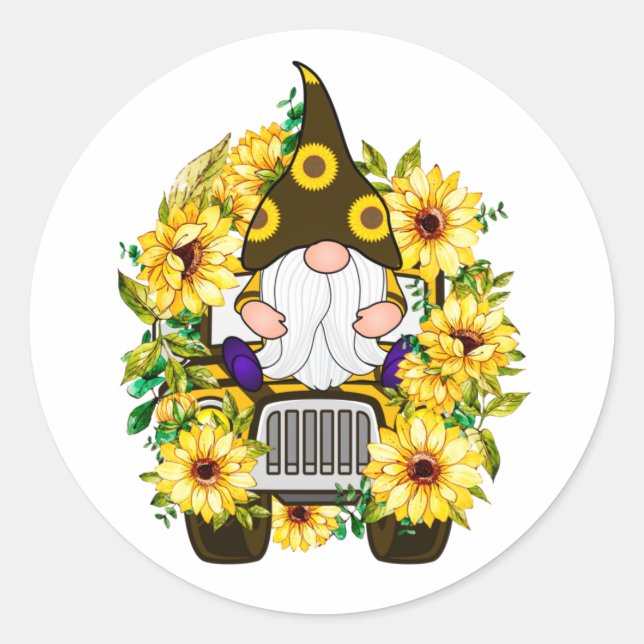 Gnomes Sunflower Truck Classic Round Sticker (Front)
