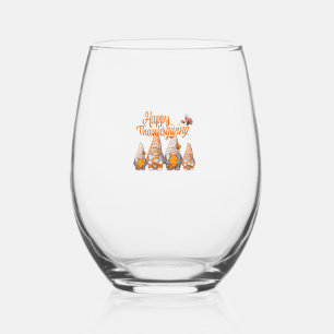 Gnomes Thanksgiving Disguise Holding Turkey and Pu Stemless Wine Glass