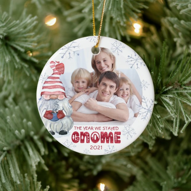 Gnomes THE YEAR WE STAYED HOME Photo Personalized Ceramic Ornament (Tree)