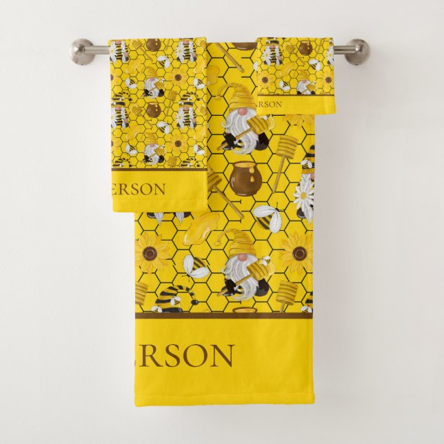 Gnomes Yellow Sunflowers Bees Honey Monogrammed Bath Towel Set (Insitu)