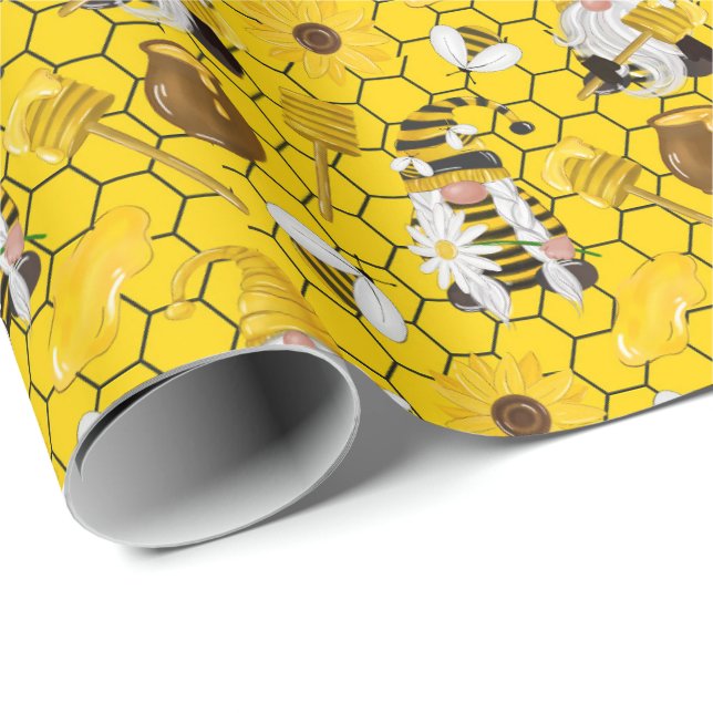 Gnomes Yellow Sunflowers Bees Honey Wrapping Paper (Roll Corner)