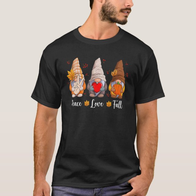 Gnomies Peace Love Fall Season  Autumn Leaves T-Shirt (Front)