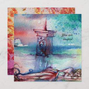GNOMON AND LADY OF THE LAKE Pink Blue Watercolor Invitation