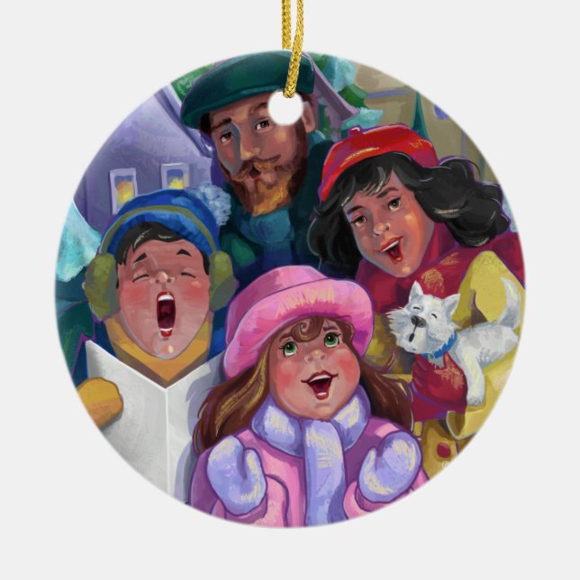 Go a Caroling Illustration Ceramic Tree Decoration (Front)