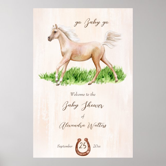Go baby go running beige horse foal baby shower poster (Front)