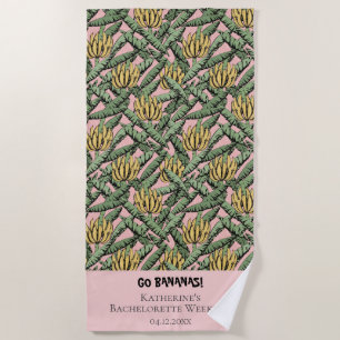Go Bananas Pink Bananas and Tropical Leaves Beach Towel