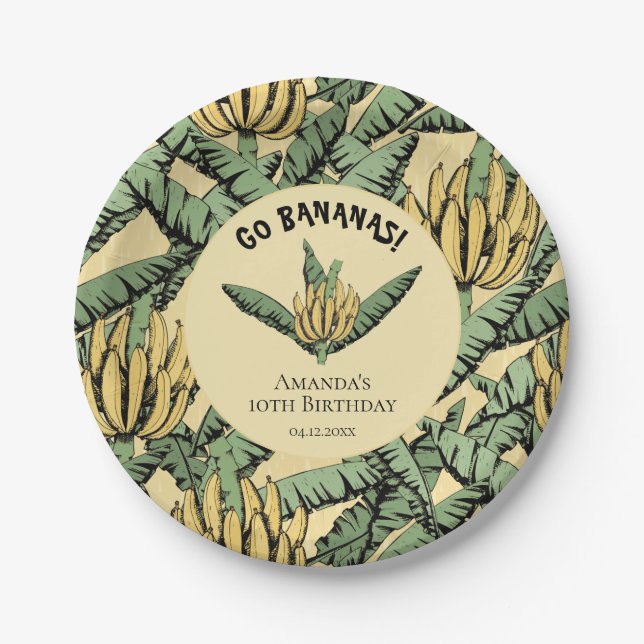 Go Bananas Yellow Tropical Yellow Banana & Leaves Paper Plate (Front)