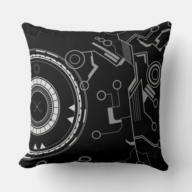 GO DIGITAL Grey on Black Modern Retro Throw Pillow (Front)