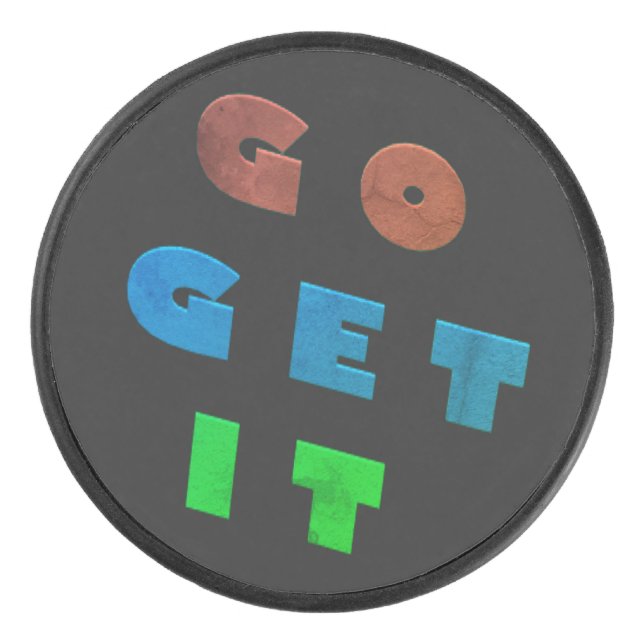 Go get it logo  coloured design       hockey puck (Front)