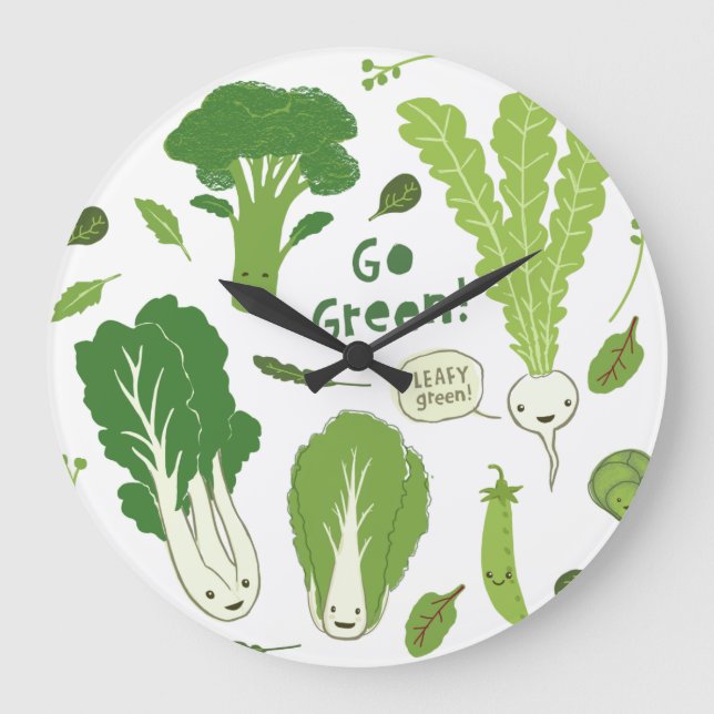 Go Green! Leafy Green! Happy Garden Veggies Large Clock (Front)