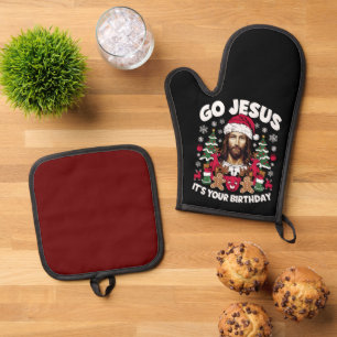 Go Jesus It's Your Birthday Ugly Christmas Sweater Oven Mitt & Pot Holder Set