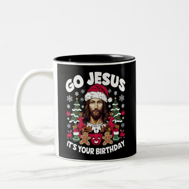 Go Jesus It's Your Birthday Ugly Christmas Sweater Two-Tone Coffee Mug (Left)