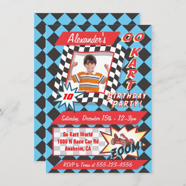 Go Kart Birthday Party Photo Insert Invitations (Front/Back)