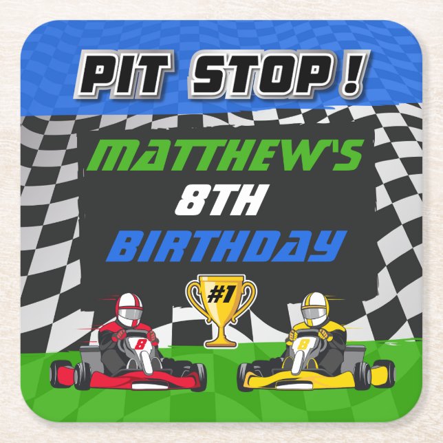 Go Kart Chequered Flag Birthday Square Paper Coaster (Front)