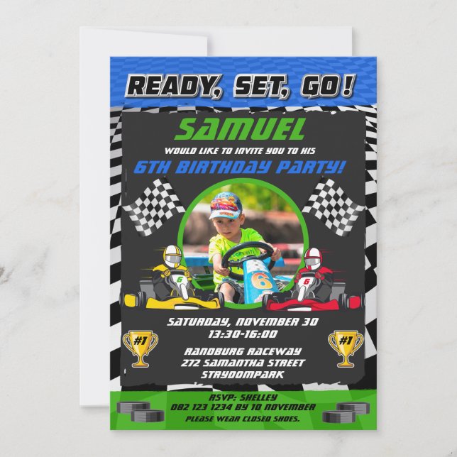 Go Kart Racing Car Boy / Girl Photo Birthday Party Invitation (Front)