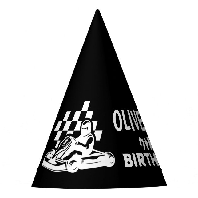 Go karting, racing car boy birthday  party hat (Front)