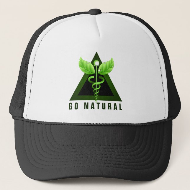 Go Natural Therapy Green Caduceus Icon Symbol Trucker Hat (Front)