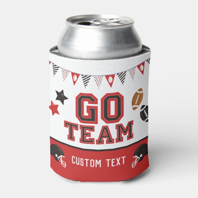 Go Team Football Fan Red and Black Festive Sports Can Cooler (Can Front)