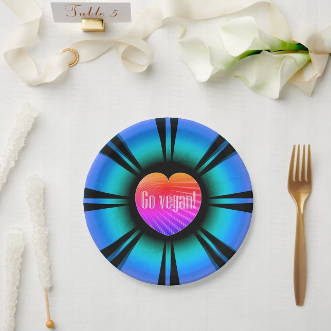 Go Vegan - Pink Heart Pupil And Blue Iris  Paper Plate (Wedding)