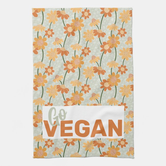 Go vegan! Pretty retro muted 1970s flowers Tea Towel (Vertical)