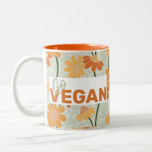 Go vegan! Pretty retro muted 1970s flowers Two-Tone Coffee Mug